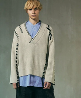 MAISON SPECIAL Oni-Waffle Embroidery Prime-Over V-Neck Knit Pullover メゾンスペシャル トップス ニット ブラック グリーン パープル【送料無料】