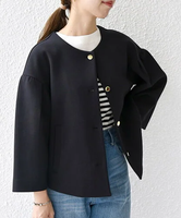 【SALE／50%OFF】SHIPS any SHIPS any:＜洗濯機可能＞ダブル ピケ パフ ノーカラー ジャケット[NAVY BLUE] シップス ジャケット・アウター ノーカラージャケット ネイビー ブラウン【送料無料】