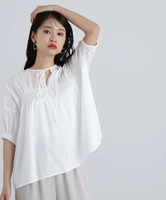 【SALE／50%OFF】N. Natural Beauty Basic ダブルリボンシャーリングギャザー半袖ブラウス エヌ ナチュラルビューティーベーシック* トップス シャツ・ブラウス ホワイト ブラック ピンク グリーン【送料無料】