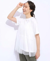 【SALE／30%OFF】SHOO・LA・RUE 【動くたびにふわっと揺れる】 着るだけで華やかな ドットチュールドッキングTシャツ シューラルー トップス カットソー・Tシャツ ホワイト グレー ブラック ブルー