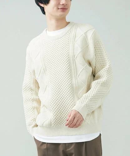 a.v.v 【2SET/S-XXL】レイヤードカットソー付きアラン編みクルーネックニット