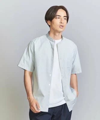 UNITED ARROWS 100/2 ブロード ストライプ バンドカラー リラックスレギュラー シャツ