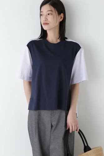 human woman ◆ストライプ布帛コンビTシャツ