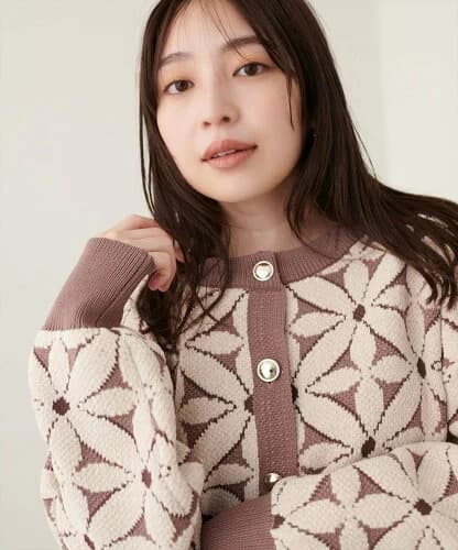 natural couture 【WEB限定】モールヤーンお花ジャガードカーデ