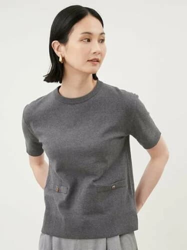 Mila Owen 金釦ポケットデザイン5分袖ニットプルオーバー