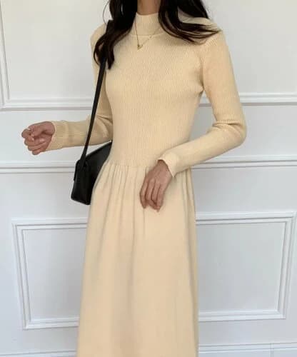 ECLIN ハイネックリブ切替ニットワンピース