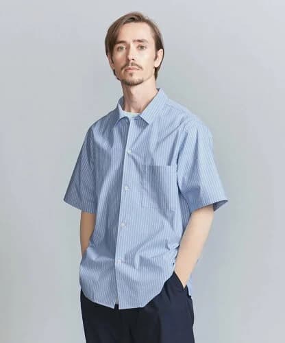 UNITED ARROWS クールタッチ ストライプ キャンプカラー リラックスレギュラー シャツ -接触冷感-