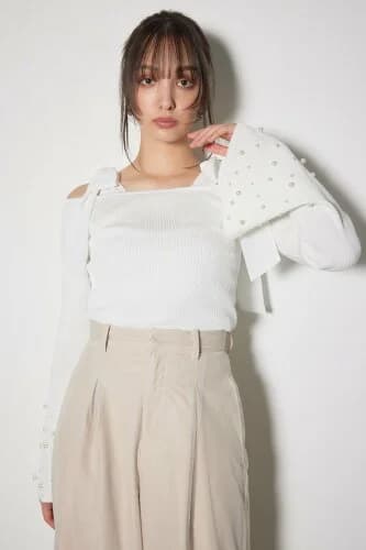 rienda リボンオフショルダーニットトップス