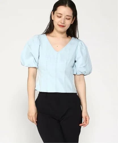 BANANA REPUBLIC FACTORY STORE SS BUBBLE SLEEVE SEAMED DENIM TOP