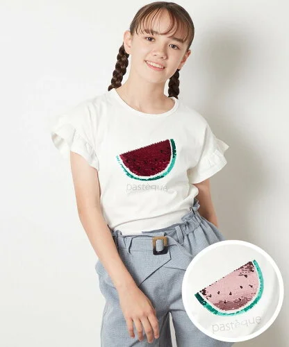 a.v.v [140-150]袖フリルスパンコールTシャツ