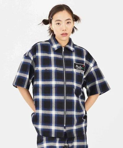 X-girl X-girl×PEELS PLAID ZIP UP SHIRT シャツ