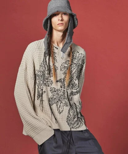 MAISON SPECIAL Oni-Waffle Hand Stitch Botanical Embroidery Prime-Over Crew Neck Knit Pullover