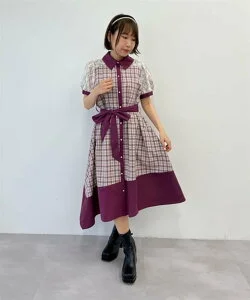 axes femme チェックバイカラーシャツワンピース