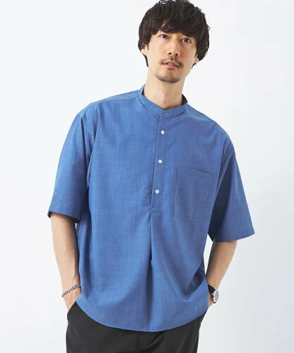 UNITED ARROWS green label relaxing TW ウォッシャブルトロ バンドカラー プルオーバー シャツ -ストレッチ・防シワ-