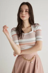 rienda スクエアNCウォッシャブルボーダーKnit TOP