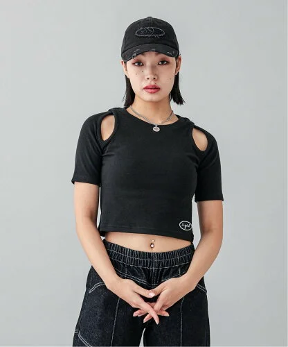 X-girl CURSIVE LOGO SHOULDER SLIT TOP