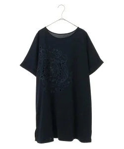 【SALE／30%OFF】HIROKO BIS GRANDE 【大きいサイズ】カットワーク刺繍デザインロングTシャツ /洗濯機で洗える ヒロコ ビス グランデ ワンピース・ドレス チュニック ネイビー ホワイト【送料無料】