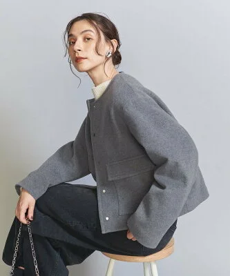 UNITED ARROWS 毛ブレンド ノーカラーショートコート