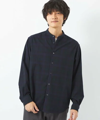 UNITED ARROWS green label relaxing TRフラノ チェック ジャストルーズ バンドカラー シャツ -ストレッチ-