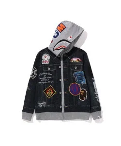 A BATHING APE SHARK BAPE EMBLEM DENIM JACKET PRINT ZIP HOODIE