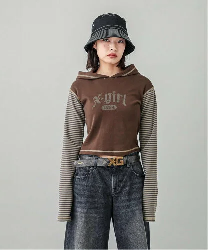 X-girl STRIPED SLEEVE COMPACT HOODED TOP