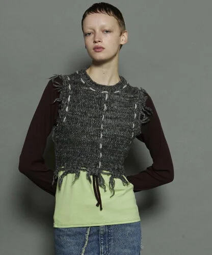 MAISON SPECIAL Distressed Effect Fringe Knit Vest