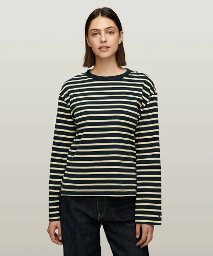 TOMMY HILFIGER ゴールドボタンストライプクルーネックリラックスロングスリーブTシャツ