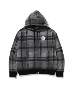 A BATHING APE BAPE CHECK MOHAIR KNIT HOODIE