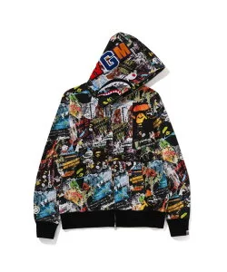 A BATHING APE BAPE FLYER PATTERN SHARK FULL ZIP HOODIE