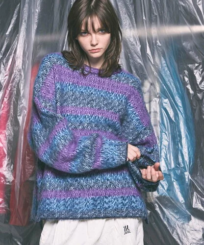 MAISON SPECIAL Prime-Over Shaggy Mosaic Border Crew Neck Knit Pullover