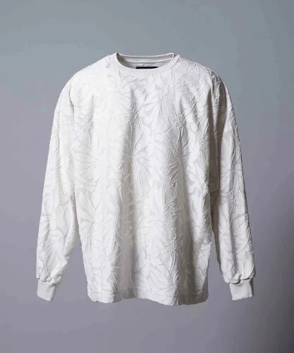 MAISON SPECIAL Prime-Over Back Cut Flower Jacquard Crew Neck Knit Pullover