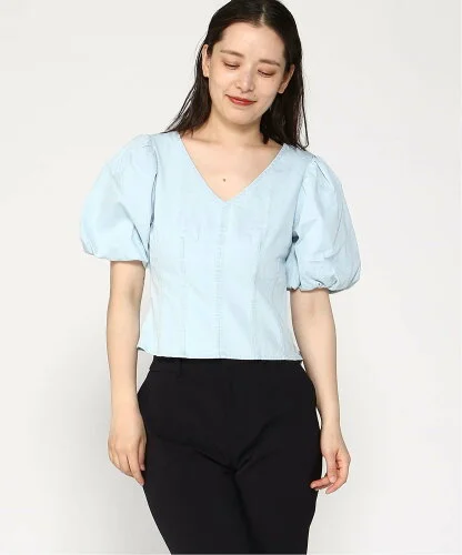BANANA REPUBLIC FACTORY STORE SS BUBBLE SLEEVE SEAMED DENIM TOP